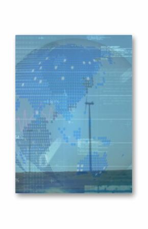 Displaying semi-transparent globe hovering over grassy plain, with line charts and wind turbines