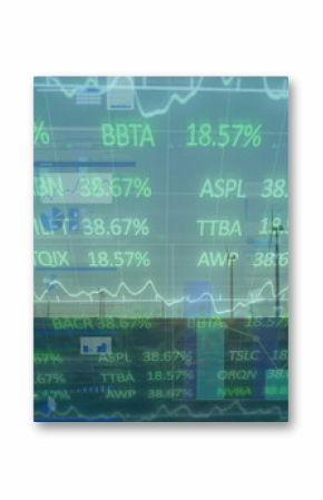 Showing row of wind turbines spinning on grassy plain under pale sky, overlaying financial data