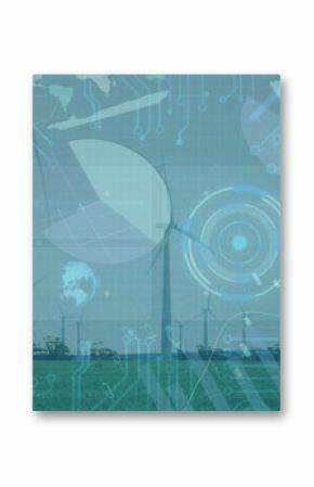 Showing wind turbine scanning data at farm, with solar panels, pie charts and circuit patterns