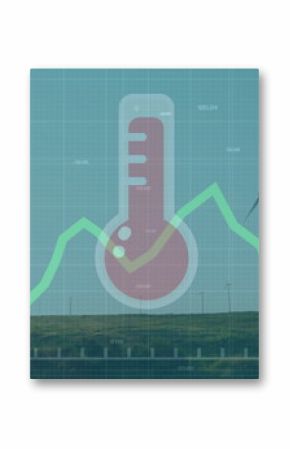 Displaying red thermometer icon over wind turbine hills, showing green chart, gridlines and labels