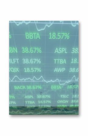 Displaying translucent stock ticker overlay hovering over grassy plain, with wind turbine and plane
