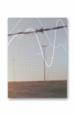 Spanning barbed wire fence across grassy sunset plain, with wind turbines and glowing data overlays