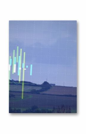 Displaying white wind turbine on farm fields, with multicolor bars, red line and grid overlay