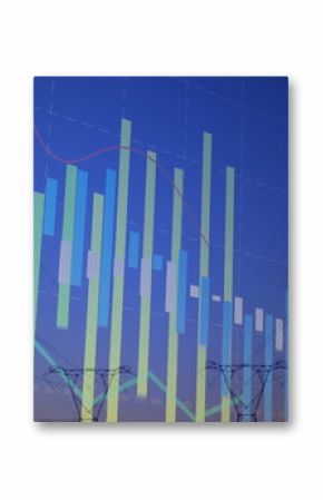 Displaying vertical bar charts and red trend line over power lines, towers at dusk, with gridlines
