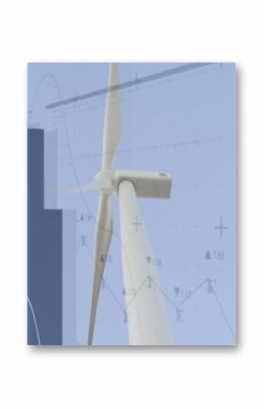 Presenting white wind turbine spinning in data scene, with dark blue bar silhouettes, line charts