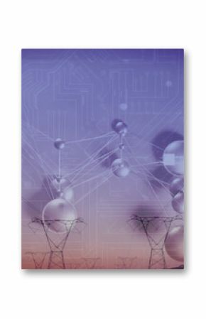 Sending power two steel lattice towers standing on hillside at dusk with lines, reflective spheres