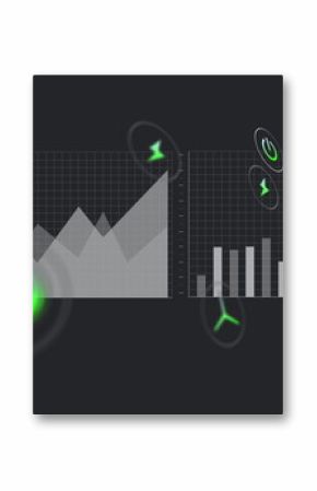 Displaying environmental dashboard showing line and bar charts on dark screen, with energy icons