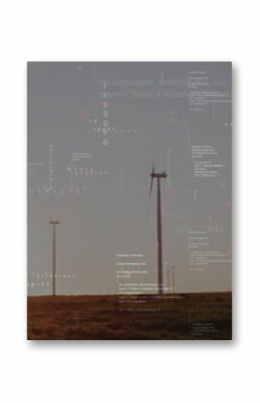 Showing central wind turbine tower rotating its blades on open prairie, with floating code overlays