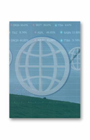 Wind turbine rotating on rural hillside, with globe icons, line charts, stock percents, copy space