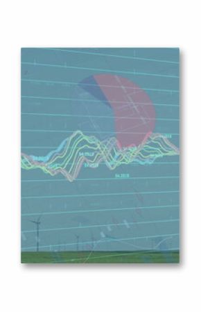 Displaying wind turbines on grassy hill under clear sky, with data overlay showing map and charts