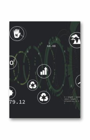 Displaying data dashboard rotating green rings on monitor, with CO2 and recycling icons and code