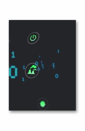 Green cooling towers icon floating right of center in digital space, with binary code, energy icons