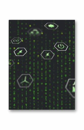 Floating hexagonal icons showing CO2, recycling, wind and solar energy in binary data backdrop