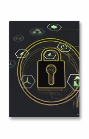 Central padlock icon glowing in virtual network interface, with floating hexagonal energy symbols