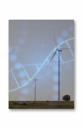 Displaying white wind turbine tower spinning on grassy field, with glowing DNA helix, copy space