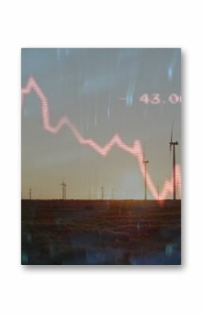 Framing wind turbines across grassland at sunset, with red line graph reading 43