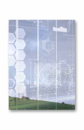 Single white wind turbine spinning on green hillside, with digital interface overlays, copy space