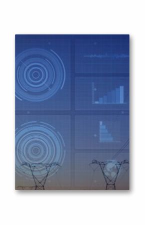 Displaying high-voltage towers projecting digital data overlays in rural dusk, with power lines