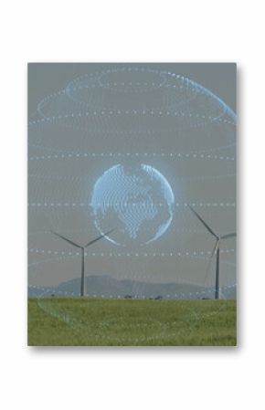Hovering holographic globe projecting network lines and nodes over grassy field with wind turbines
