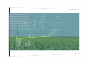 Overlaying line graphs and bar charts onto green crop field and wind turbines on wind farm