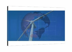 Displaying white wind turbine tower crossing clear globe on blue data charts, with overlays