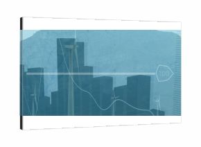 Showing central wind turbine rising on digital dashboard, with wavy graph line and hexagon 100