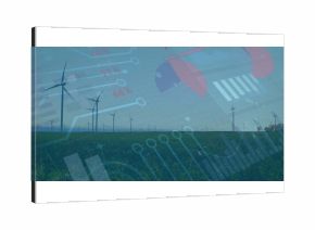 Displaying continuous line of wind turbines towering over green field, with floating data charts