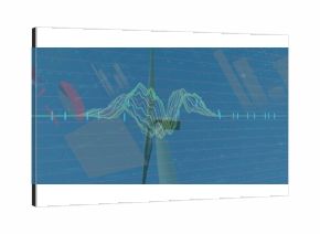 Displaying wind turbine with rotor hub and blades in data interface, waveform lines and chart axes