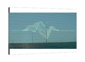 Displaying wind turbine standing on grassland, with grid overlay, waveform chart and data labels