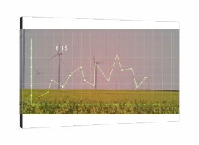 Overlaying neon green line graph over flowering crop field, showing grid lines, wind turbines, 6