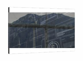 Displaying wind turbine tower showing digital data panels on rugged mountain ridge, graphs