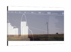 Displaying wind turbine towering over rural hill showing translucent charts with ticker, copy space