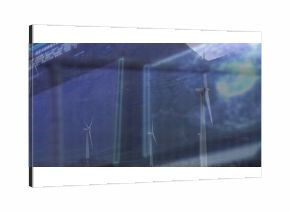 Displaying wind turbines standing on sloping hills, with digital overlay and scrolling code