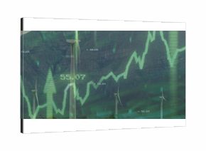 Central wind turbine standing on grassy cliff base, with green stock graph and numerical markers
