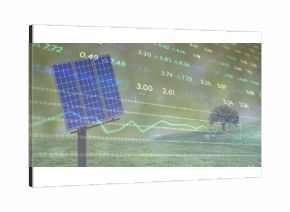Standing solar panel on pole in field, showing financial data overlay and lone tree, copy space