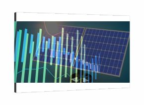 Solar panel with blue cells rising on pole against teal backdrop, with chart overlays, copy space
