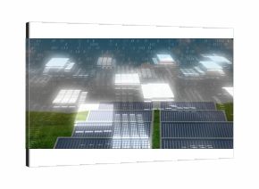 Solar panel array generating energy in rural grass field, with floating binary code overlay