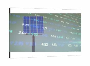 Displaying three pole-mounted solar modules against pale sky, with numeric data and arrow overlays