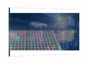 Displaying solar panel grid on dark blue field, with financial charts, tickers and cloud overlays