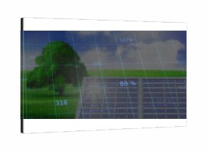 Displaying photovoltaic solar panels collecting energy on green field, with digital grid overlay
