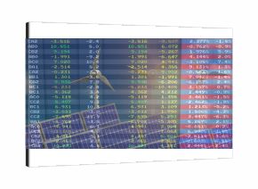 Displaying translucent data grid overlaying solar panels wind turbine in art, with EV charger icon