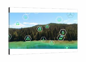 Displaying turquoise mountain lake at forest base, with hex icons showing eco and energy symbols