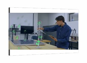 Denim-shirted engineer adjusting turbine in lab, with solar panel, tablet, energy icons, copy space