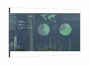 Rising central white wind turbine towering over valley floor, with data map, chart overlays