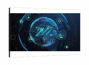 Rotating glowing digital globe in cyberspace, with grid lines arrows and energy icons