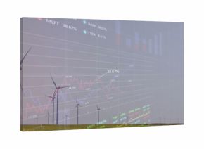 Financial overlay covering wind turbines in grassland plain, with line charts and ticker symbols