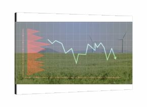 Standing wind turbines in crop field, grid overlay, turquoise line graph, red fan chart, copy space