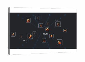 Displaying central wind turbine icon floating in grid tunnel, with orange metrics and blue data