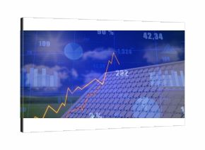 Tilted solar panel with hexagonal cells displaying yellow line graph and bar charts in grassy field