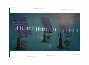 Displaying three photovoltaic solar panels on mounts in studio, with plants and numeric overlays